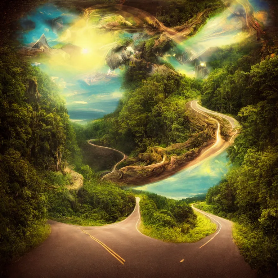 Prompt: surrealist artwork of the atmospheric indie album titled :'the infinite road ahead ', forest, rocky hills, lake, waterfall, joy