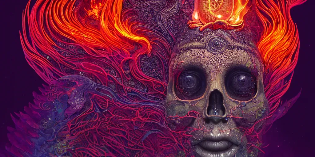 Image similar to psychedelic shaman close-up portrait. amanita muscaria phoenix head, nautilus, insect, skull, ice and fire, bioluminiscent creatures, intricate artwork by Tooth Wu and wlop and beeple. octane render, trending on artstation, greg rutkowski very coherent symmetrical artwork. cinematic, hyper realism, high detail, octane render, 8k