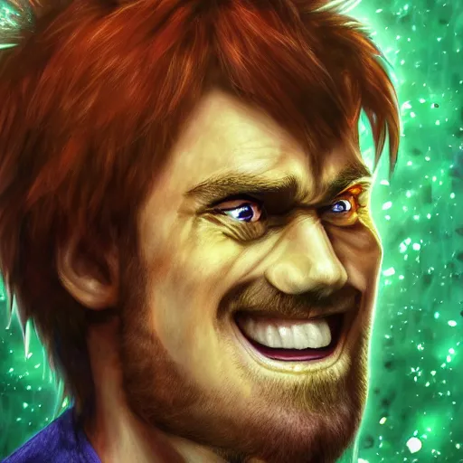 Image similar to shaggy from scooby doo reaching power level over 9000, au naturel, hyper detailed, digital art, trending in artstation, cinematic lighting, studio quality, smooth render, unreal engine 5 rendered, octane rendered, art style by klimt and nixeu and ian sprigger and wlop and krenz cushart