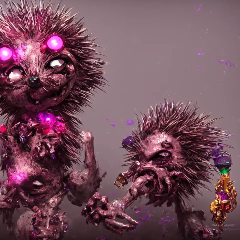 Prompt: anthropomorphic horror nightmare hedgehog with purple crystal tipped quills and red static and corroded rings trending on artstation 4 k cinematic action