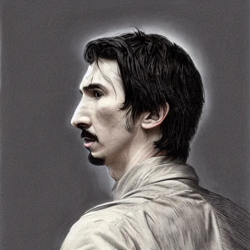 Prompt: portrait of adam driver feeding john oliver, standing together, stoic, full body, military uniform, fantasy, intricate, elegant, beautiful, highly detailed, charcoal, centered, dark, smokey, digital painting, artstation, concept art, smooth, sharp focus, illustration, art by artgerm and greg rutkowski and alphonse mucha