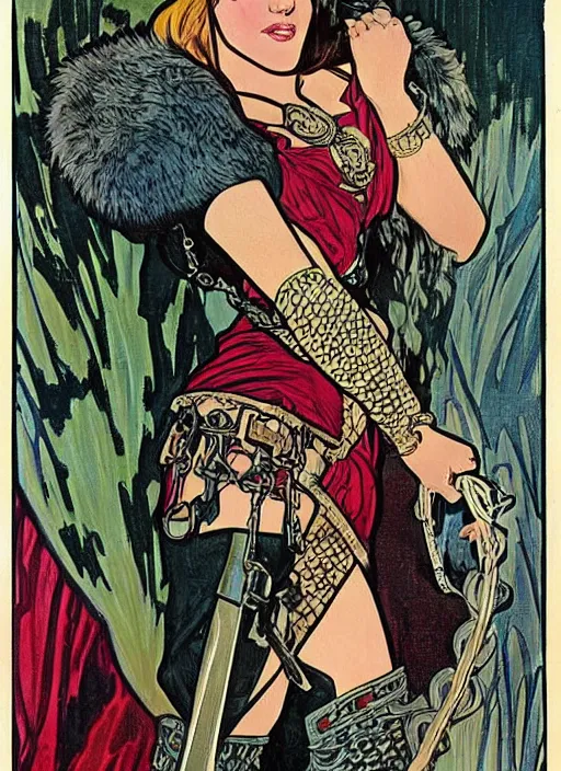 Image similar to a beautiful young woman. she is a barbarian, dressed in fur and chain mail. well composed, clean elegant painting, beautiful detailed face. retro comic book art by steve ditko and jack kirby and ( alphonse mucha )