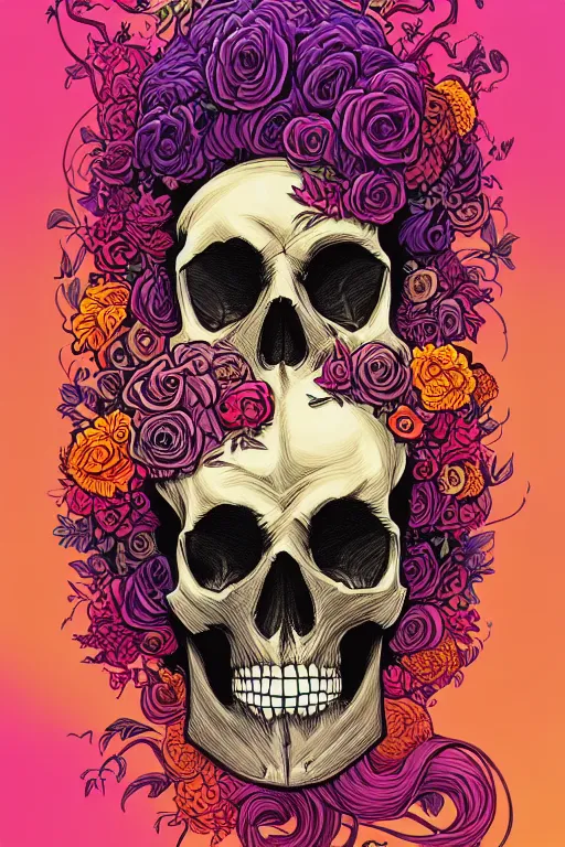 Image similar to ortographic view of a large skull with vivid flower hair by Jen Bartel and Dan Mumford and Satoshi Kon, gouache illustration