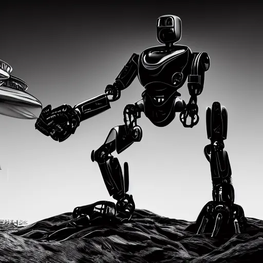 Prompt: black and white death robot, science fiction, 4 k, super high detail