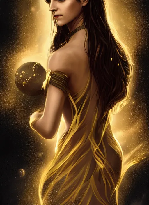 Image similar to emma watson as dark magic celestial, long hair, black, gold and (((transparent))) cloth, space, D&D, shiny background, intricate, elegant, highly detailed, digital painting, artstation, concept art, smooth, sharp focus, illustration, artgerm, bouguereau