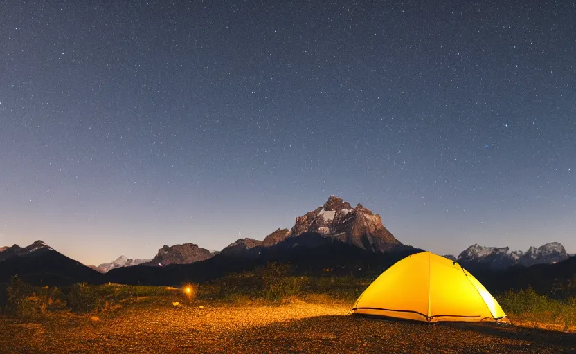 Image similar to night photography of a tent with mountains in the background