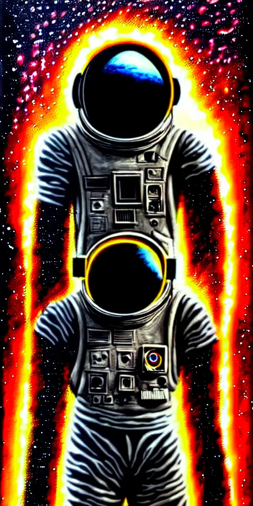 Image similar to sci-fi illustration, an extreme detailed painting with detailed textures of a headless astronaut with quantum fire pouring from his visor, disturbing cybergothic high image quality