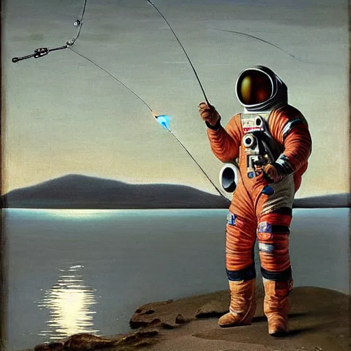 Image similar to astronaut in a spacesuit fishing and catching fish with a fishing rod from the crescent of the moon, realism, landscape