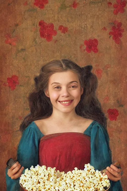 Image similar to portrait ancient of a happy girl, lots of flowers and popcorn around, hyperrealistic, medieval style