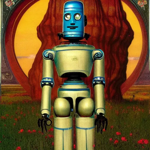 Image similar to A colorful, detailed print - A portrait of a robot standing in a field. by Arnold Bocklin and Barclay Shaw, masterful print. 4k, unreal engine stunning Art Nouveau