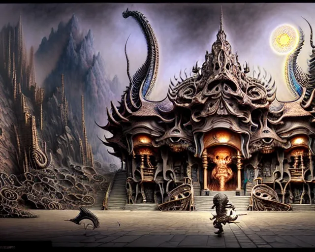 Prompt: street view of a temple made of dragon skeletons, fantasy landscape made of fractals facing each other, ultra realistic, wide angle, intricate details, the fifth element artifacts, highly detailed by peter mohrbacher, hajime sorayama, wayne barlowe, boris vallejo, aaron horkey, gaston bussiere, craig mullins