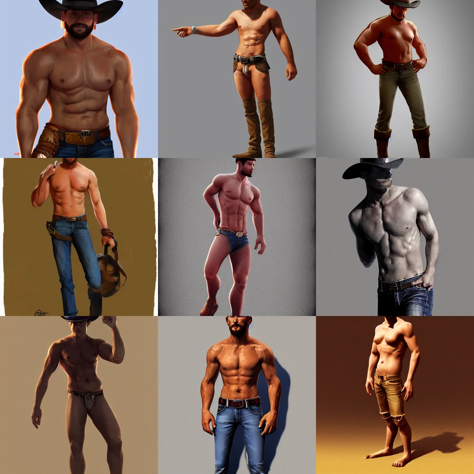 Prompt: a full body portrait by george quaintance of a handsome shirtless cowboy, trending on artstation