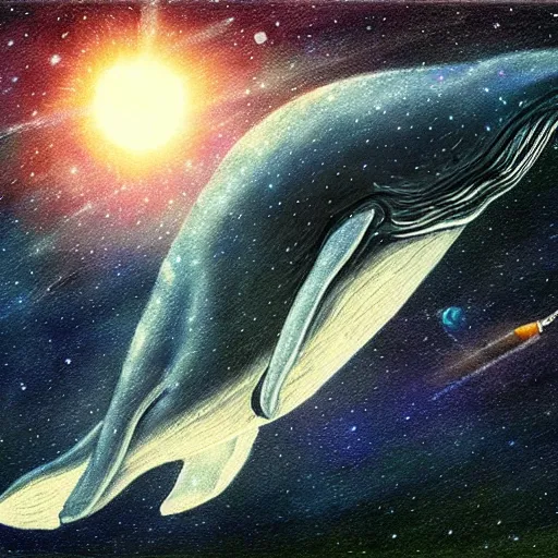 Prompt: portrait of space whale on a dark night sky in space, flying across the universe, oniric, dreamy, beautiful, highly detailed, realistic, cinematic, elegant, dynamic composition, art by christian riese lassen