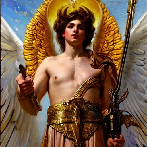 Image similar to saint michael the angel, guarding the world from evil. highly detailed painting by gaston bussiere, greg rutkowski, j. c. leyendeker 8 k