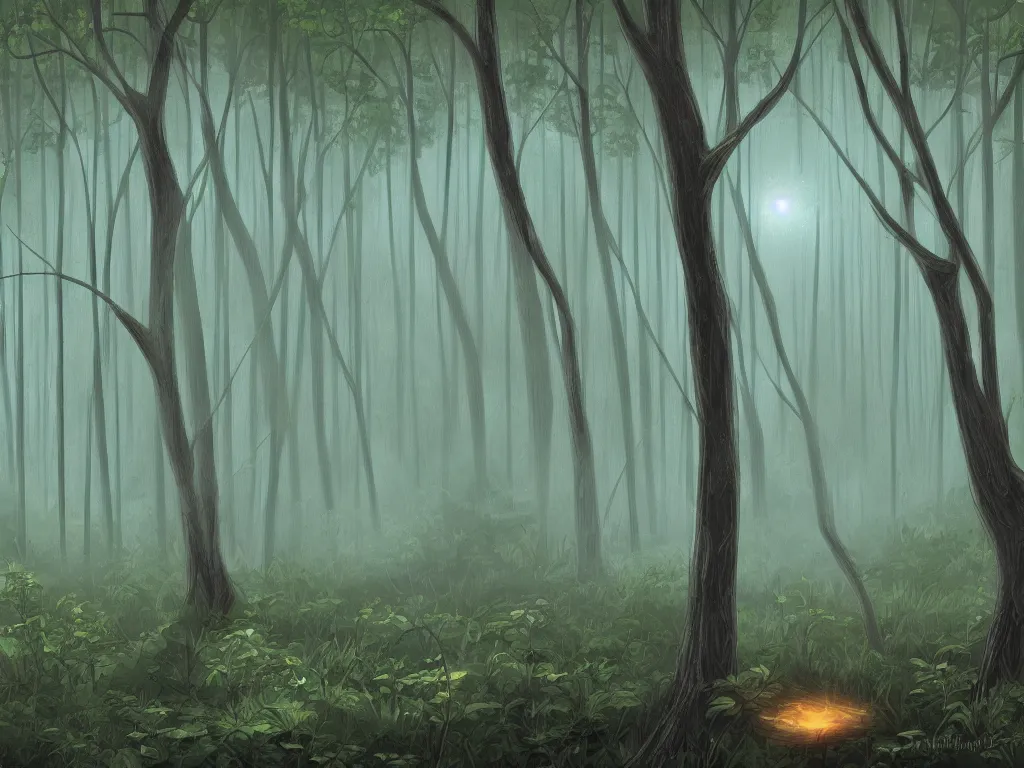 Prompt: Foggy thicket where fireflies fly. Detailed digital painting for a TTRPG.