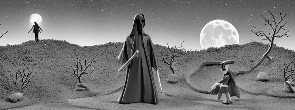 Image similar to Grim reaper in a park at night with a large blood moon in the distance, wide shot, claymation, by tim burton