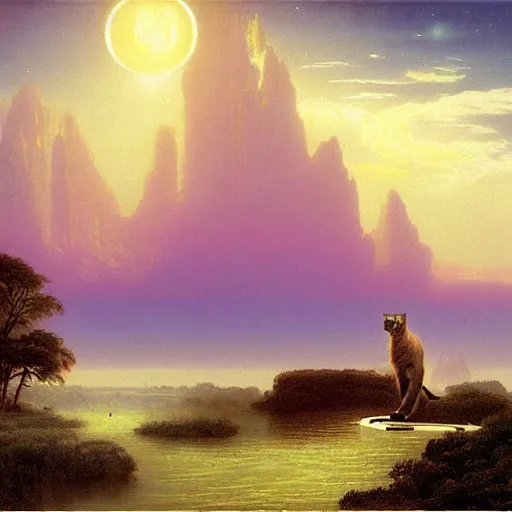 Prompt: summer vibrant alien shoal rectangle tabby cat cabinet uth cream , by Albert Bierstadt and Ross Tran and Martin Johnson Heade , rococo , vaporwave , storybook illustration