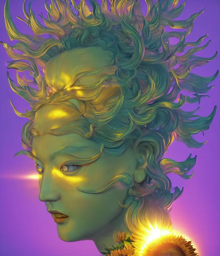 Prompt: iridescent portrait of the five faces of the sunflower goddess, a Chinese deity that is a reincarnation of the sun and brings happiness and light onto the world. hard surface modelling. bio luminescent, halo around the head. neon lighting. artwork by jarold Sng by artgerm, by Eddie Mendoza, by Peter Mohrbacher by Tooth Wu, unreal engine, octane render, cinematic light, high details, iridescent colours, dichroic, macro, 4l