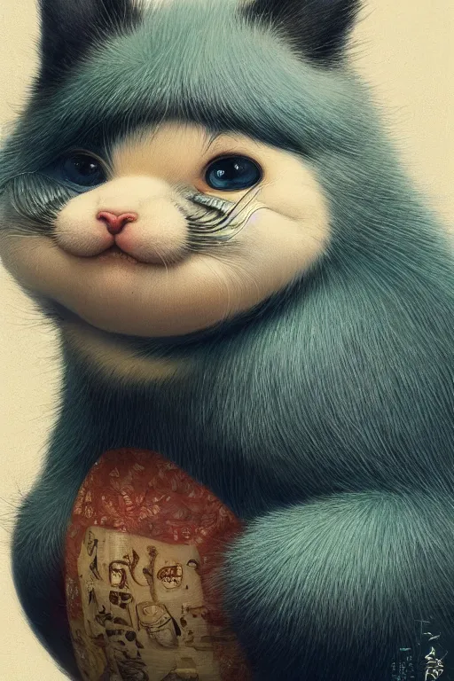 Prompt: a portrait of a fatty cute japanese animal illustrated by miyazaki by karol bak, james jean, tom bagshaw, rococo, sharp focus, trending on artstation, cinematic lighting, hyper realism, octane render, 8 k, hyper detailed, vivid, ultra detailed, highly detailed