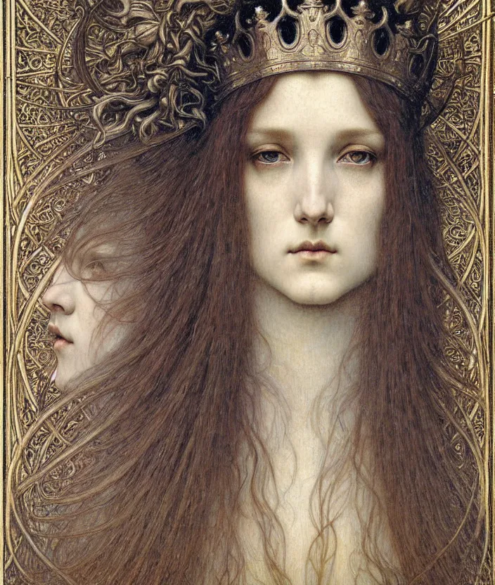 Image similar to detailed realistic beautiful young medieval queen face portrait by jean delville, gustave dore and marco mazzoni, art nouveau, symbolist, visionary, gothic, pre - raphaelite. horizontal symmetry