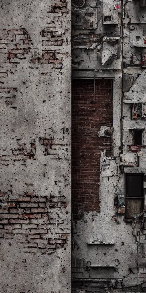 Image similar to texture of a grunge dirty alley, bullet holes, wall brick concrete plaster eroded worn, bullet holes, dark alley, hyper-realistic, ultra-realistic, intricate details, 4k, octane render, unreal 5, digital art