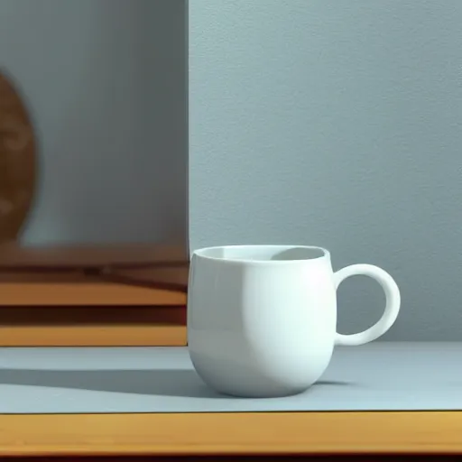 Image similar to White mug, hyperrealism, diffuse shadows, colored lighting, unreal engine 5 tech demo, octane render, Frank Lloyd Wright ((Studio Ghibli))