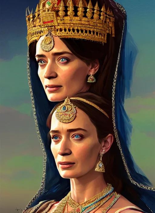 Image similar to portrait of emily blunt as indian queen, jewelry, greek, sapphire, victorian age, 1 8 9 0, intricate, headshot, key visual, conceptart, ambient lighting, highly detailed, digital painting, artstation, concept art, sharp focus, by makoto shinkai and akihiko yoshida and greg manchess