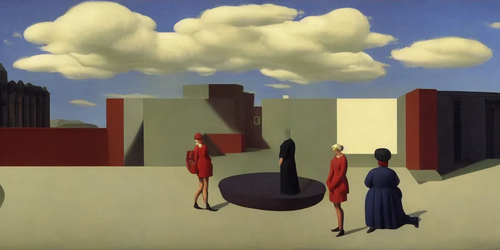 Image similar to three peculiar people pictured in afternoon light, clouds, bird, open ceiling, strange foreign objects, surrealist oil painting by edward hopper, chirico and rene magritte