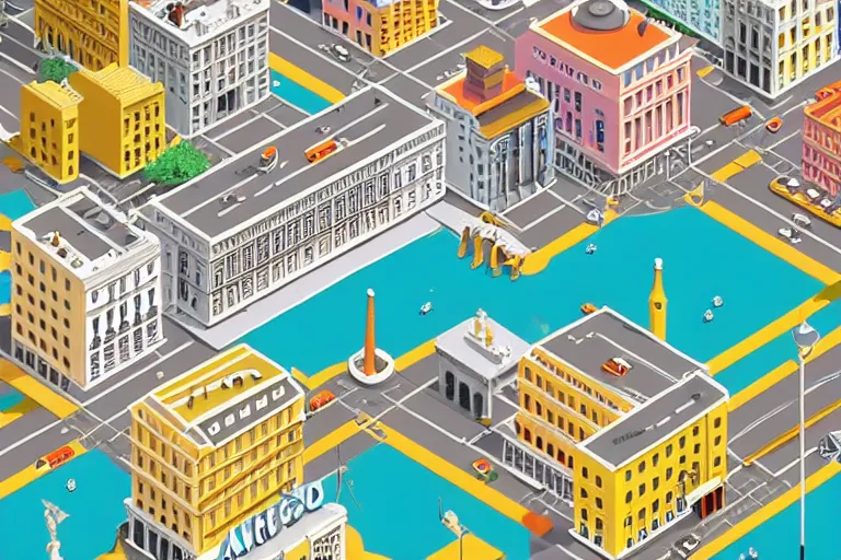 Image similar to highly detailed isometric illustration of a city scape by Wes Anderson, hyperrealistic, photorealistic, artstyle, highly detailed, sharp