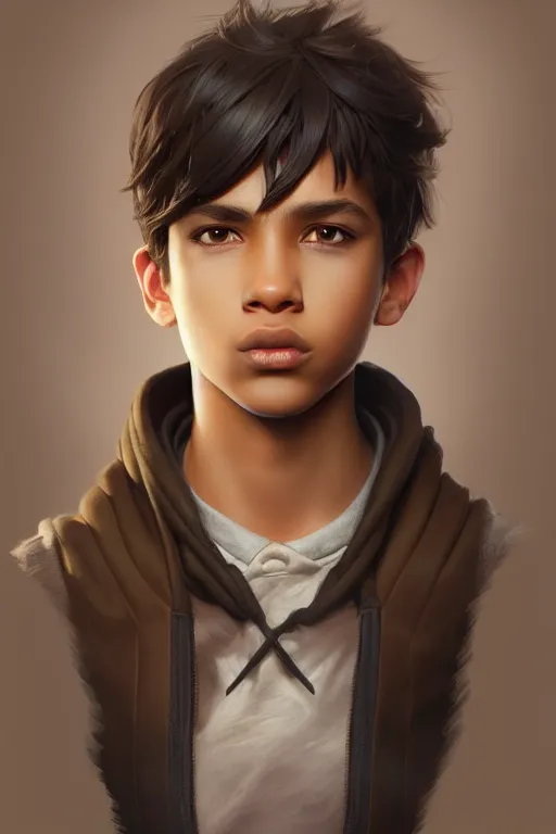 Image similar to young teenager boy with straight short brown hair, dark skin, big lips. highly detailed, d & d, fantasy, highly detailed, digital painting, trending on artstation, concept art, sharp focus, illustration, art by artgerm and greg rutkowski and fuji choko and viktoria gavrilenko and hoang lap