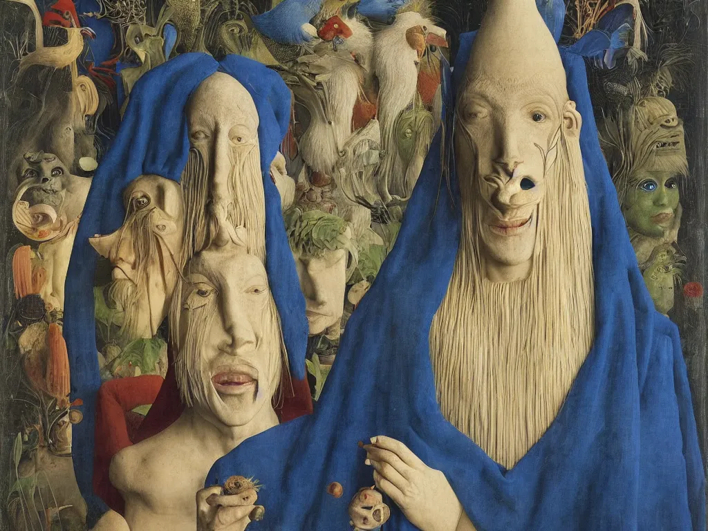 Image similar to portrait of albino mystic with blue eyes, with beautiful exotic, archaic, prehistoric, simple, giant Balinese mask, sculpture. Night. Painting by Jan van Eyck, Audubon, Rene Magritte, Agnes Pelton, Max Ernst, Walton Ford