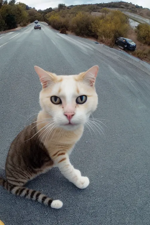 Prompt: Wide angle photoreal Cinematography of Toonces, The Cat Who Could Drive A Car driving a car with comedian Steve Martin as a Passenger, shot on a 9.8mm wide angle lens