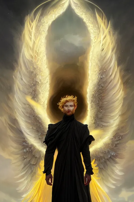 Prompt: symmetrical fullbody portrait of a beautiful young fit male angel with curly blond hairs, fulldressed in long fluent black clothes, majestic big red demonic wings, luminous fire halo, by greg rutkowski and alphonse mucha, gradient white to gold, in front of a smoky background, highly detailed portrait, digital painting, artstation, concept art, smooth, sharp focus illustration