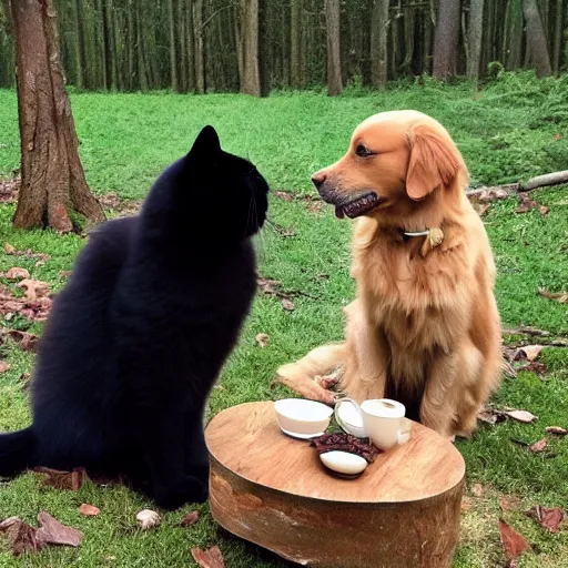 Image similar to golden retriever and a black kitty having a tea party in the forest