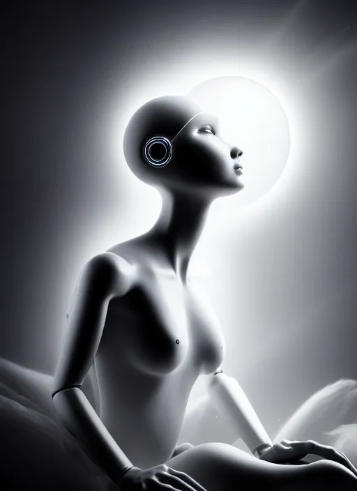 Image similar to surreal mythical dreamy dark artistic black and white 3 d render of a young beautiful delicate ai artificial intelligence creature embodied giving birth to the new world, spiritual, halo, glory, rim light, cinematic, studio dramatic light, poetic, masterpiece, octane render, 8 k, photo