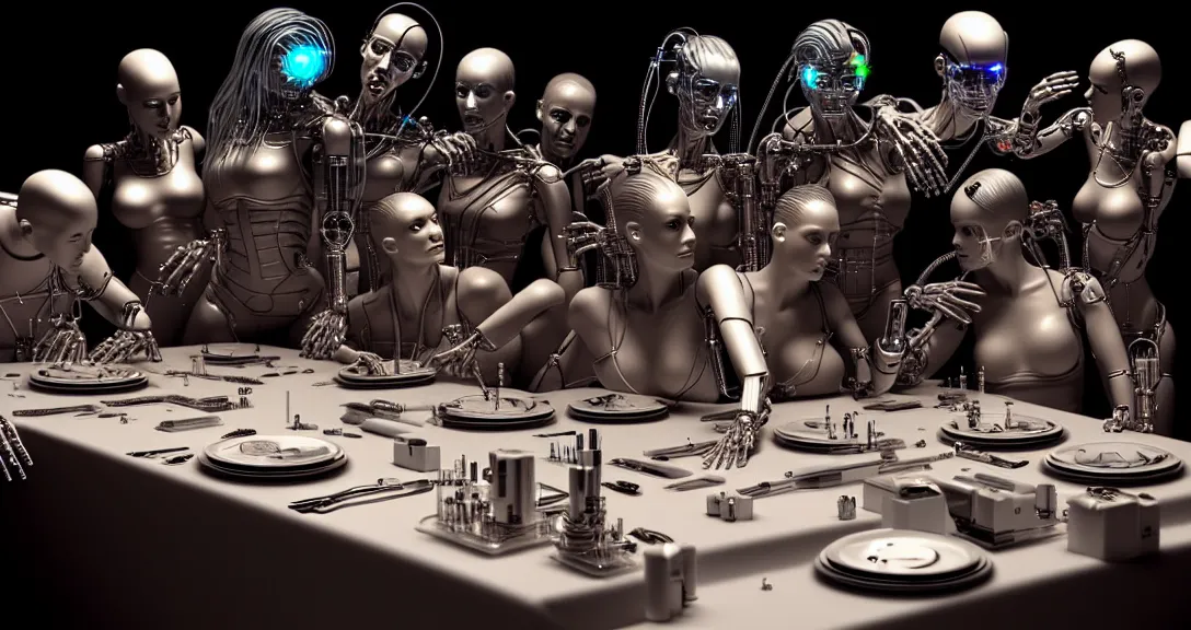 Image similar to beauty, !13 diverse cyborgs on !one_side of a reflective !cybernetic table, !!posing_as_last_supper, inticrate detailed glowing implants, !!highly detailed, dramatic lighting, electrical details, high details, beautiful lighting