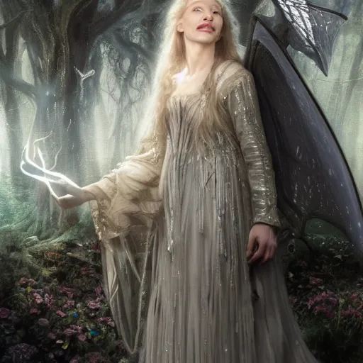 Prompt: portrait of (mischievous), baleful Cate Blanchett as Galadriel as a queen of fairies, dressed in a beautiful silver dress. The background is a dark, creepy eastern europen forrest. night, horroristic shadows, high contrasts, lumnious, theatrical, character concept art by ruan jia, thomas kinkade, and J.Dickenson, trending on Artstation
