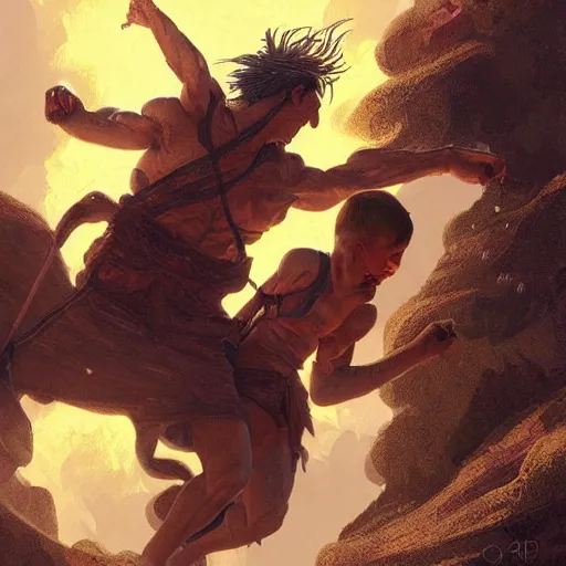 Image similar to ultra realistic illustration of an old fighter throwing his fighter son into a volcano, intricate, elegant, highly detailed, digital painting, artstation, concept art, smooth, sharp focus, illustration, art by artgerm and greg rutkowski and alphonse mucha