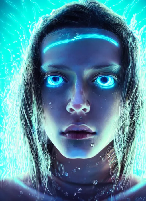 Image similar to beautiful extreme closeup portrait of an cyberpunk girl fully submerged ecxept of the top of her head, stunning look in her eyes, water reflection, neon lighting, in the style of Andrey Gevechanov, highly detailed, soft lighting, elegant,sigma 85mm, Edward Hopper and James Gilleard, Zdzislaw Beksinski, Steven Outram, highly detailed