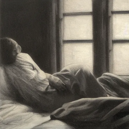 Image similar to a couple in bed next to a window, rainy Sunday, moody