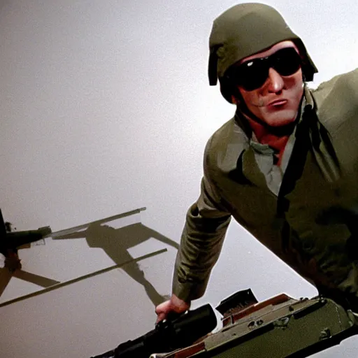 Image similar to HIMARS Launcher System as the American Psycho, cinematic still