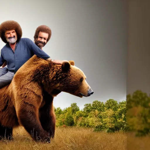 Prompt: a photo of bob ross riding on the back of a brown bear, outdoor, hyperrealistic, shutterstock contest winner, digital art, national geographic photo, stockphoto, majestic