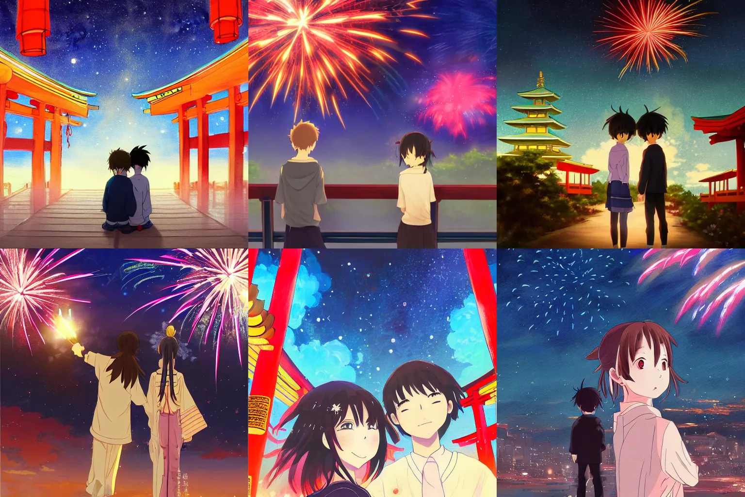 Prompt: Anime painting of a boy and a girl at a shinto shrine looking up at the night sky illuminated by colorful new years fireworks, by makoto shinkai, trending on artstation, kimi no na wa