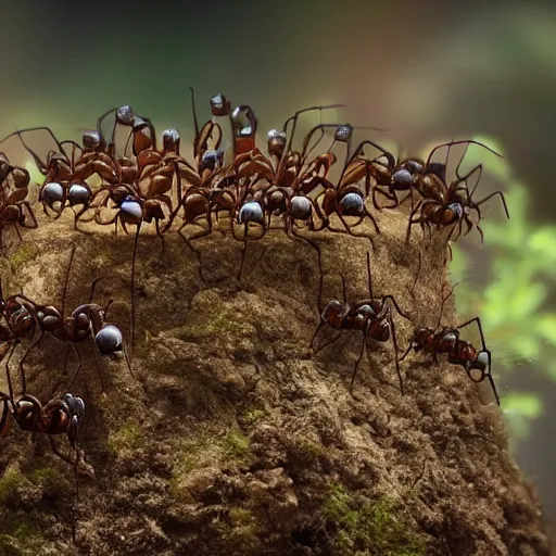 Image similar to king of ants, ant wearing crown ordering ant minions, cinematic, 4k, movie shot, ultra epic