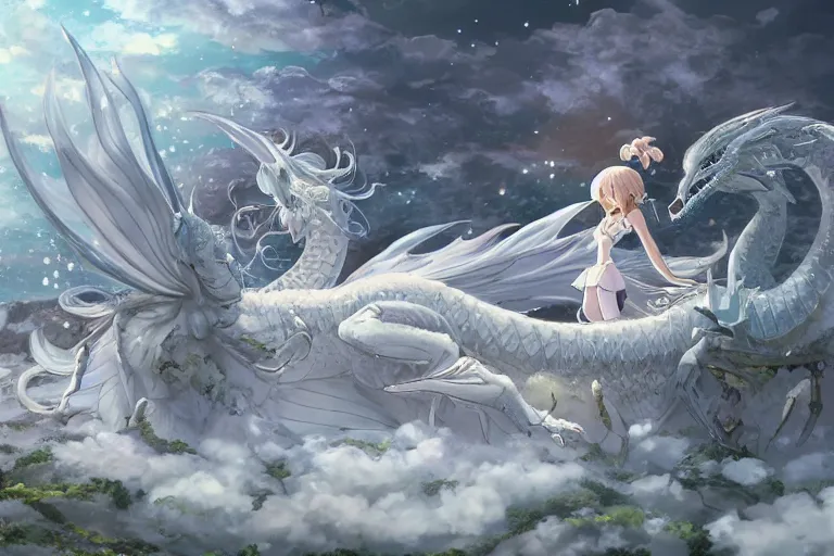 Image similar to a hyper detailed big render that beautiful princess lie on the ground be surrounded in the white clouds fairyland center by a huge silver white dragon, finely detailed angelic face, style of studio ghibli, makoto shinkai, xision, ilya kuvshinov and artgerm, kazuki tanahashi, james jean, animation style, golden curve composition, telephoto lens