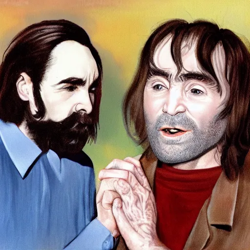 Image similar to charles manson singing with john lennon, portrait, high quality photography, realistic, detailed, uncropped, face detail,