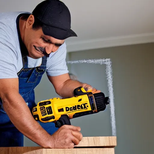 Image similar to latino man using cordless power tool made by dewalt