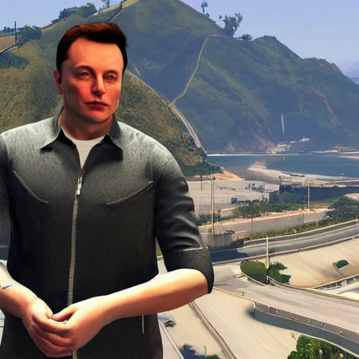 Image similar to high quality ingame screenshot of elon musk in front of Rio de Janeiro in GTA v, GTA v, screenshot GTA v