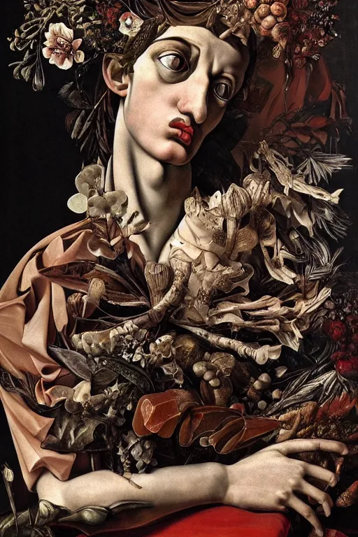 Image similar to Detailed maximalist portrait a Greek god with large lips and with large white eyes, exasperated expression, fleshy skeletal, botany, HD mixed media 3d collage, highly detailed and intricate, surreal illustration in the style of Caravaggio, dark art, baroque