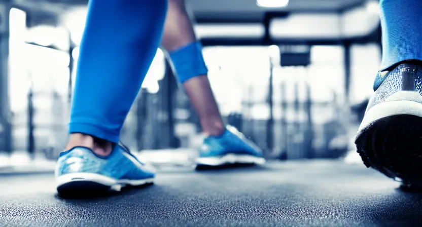 Image similar to close up on worn out running shoes running on a treadmill. cinematic lighting. dark. moody. octane render. blue grey tones.